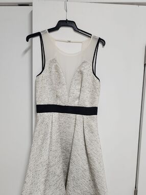BCBGeneration Cream Textured A-Line Dress with Black Waistband